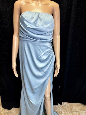 Windsor Strapless Draped Light Blue Evening Gown with side slit
